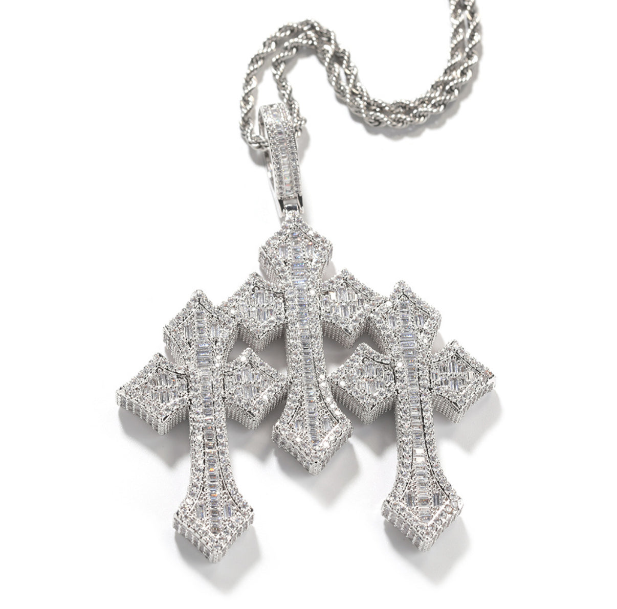 Iced Out Baguette Triple Cross Pendant