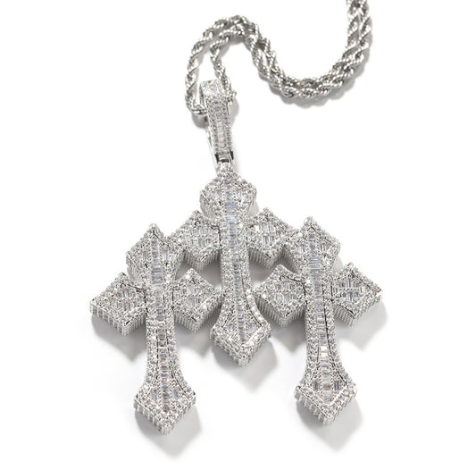 Iced Out Baguette Triple Cross Pendant