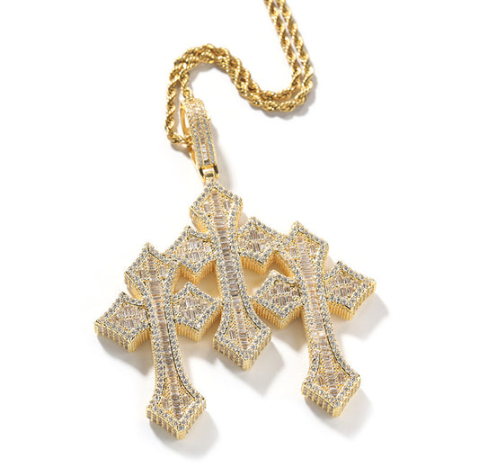 Iced Out Baguette Triple Cross Pendant