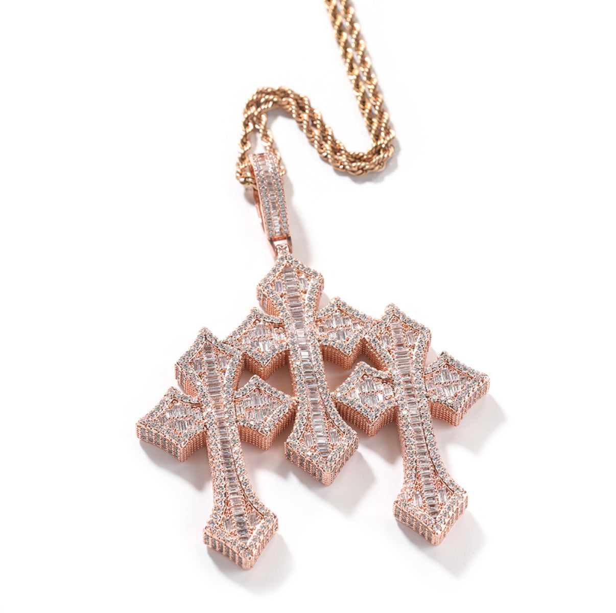 Iced Out Baguette Triple Cross Pendant