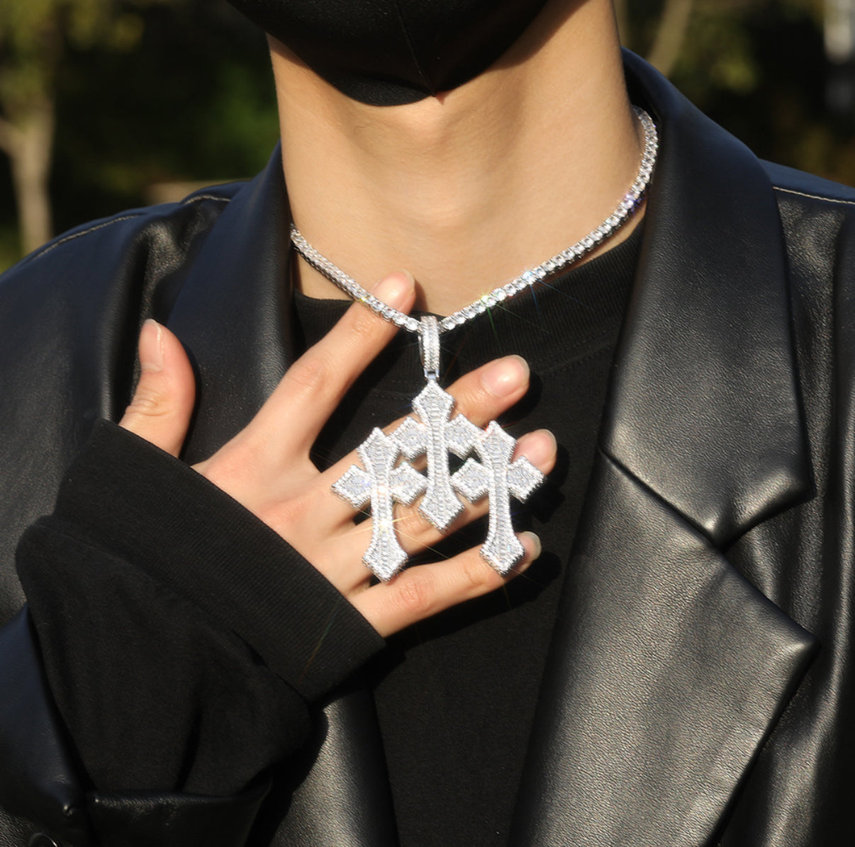Iced Out Baguette Triple Cross Pendant